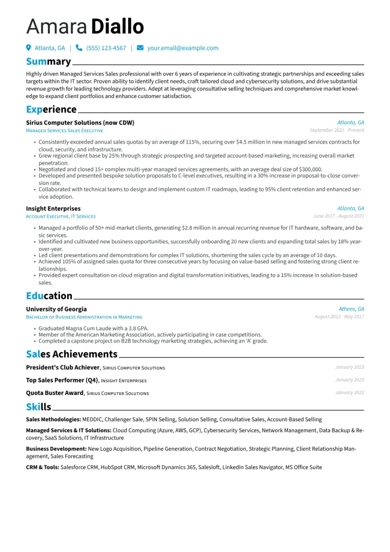 Managed Services Sales Resume Example CV template preview