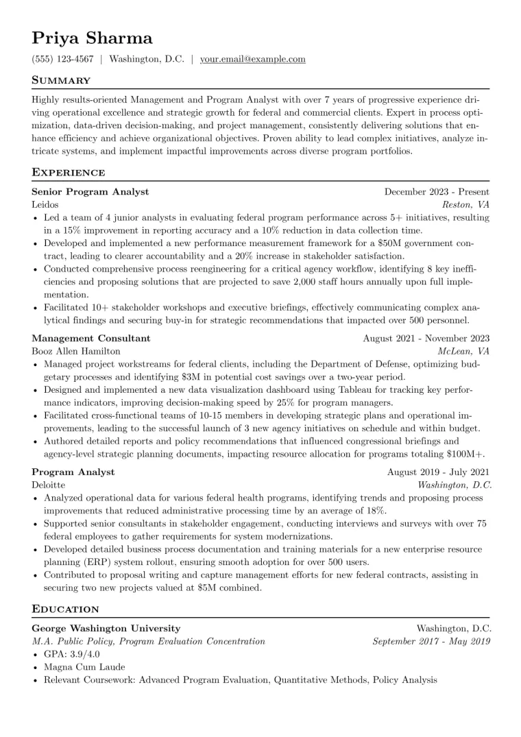 Management and Program Analyst Resume Example CV template preview