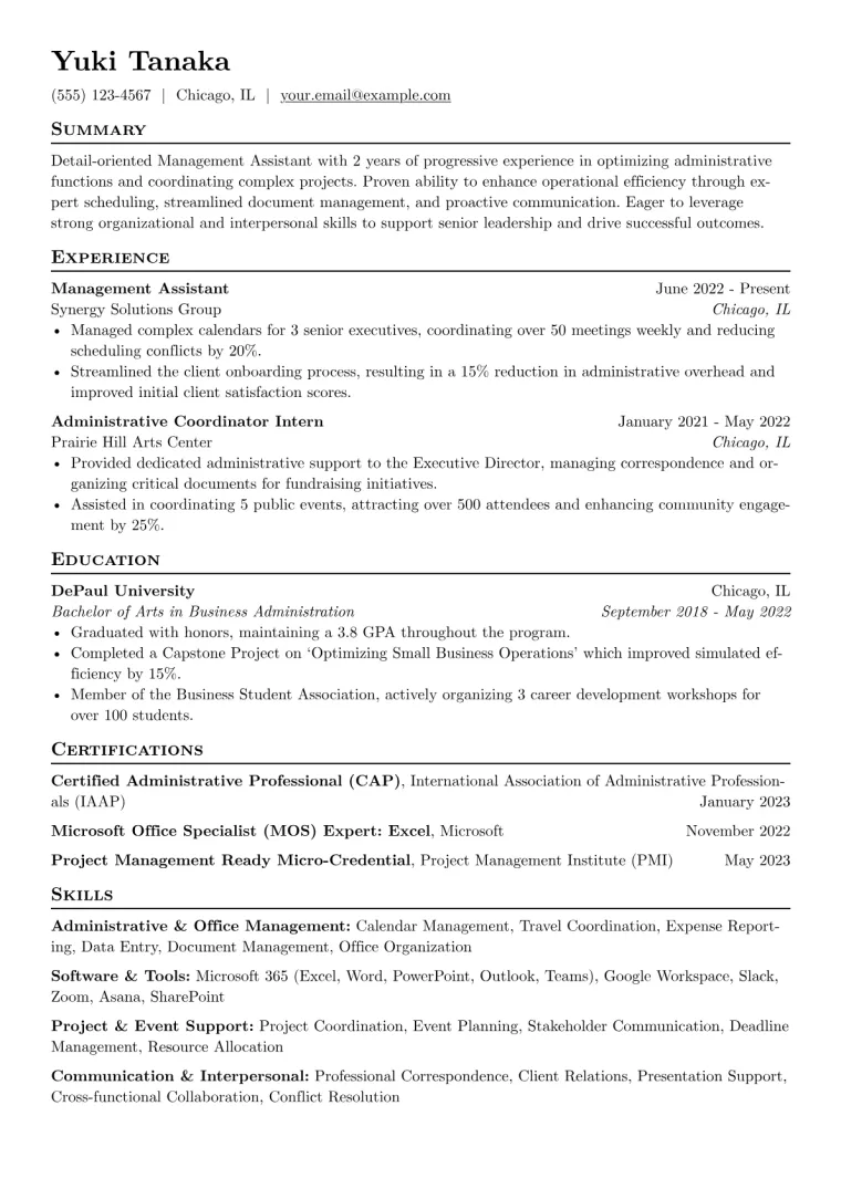 Management Assistant Resume Example CV template preview