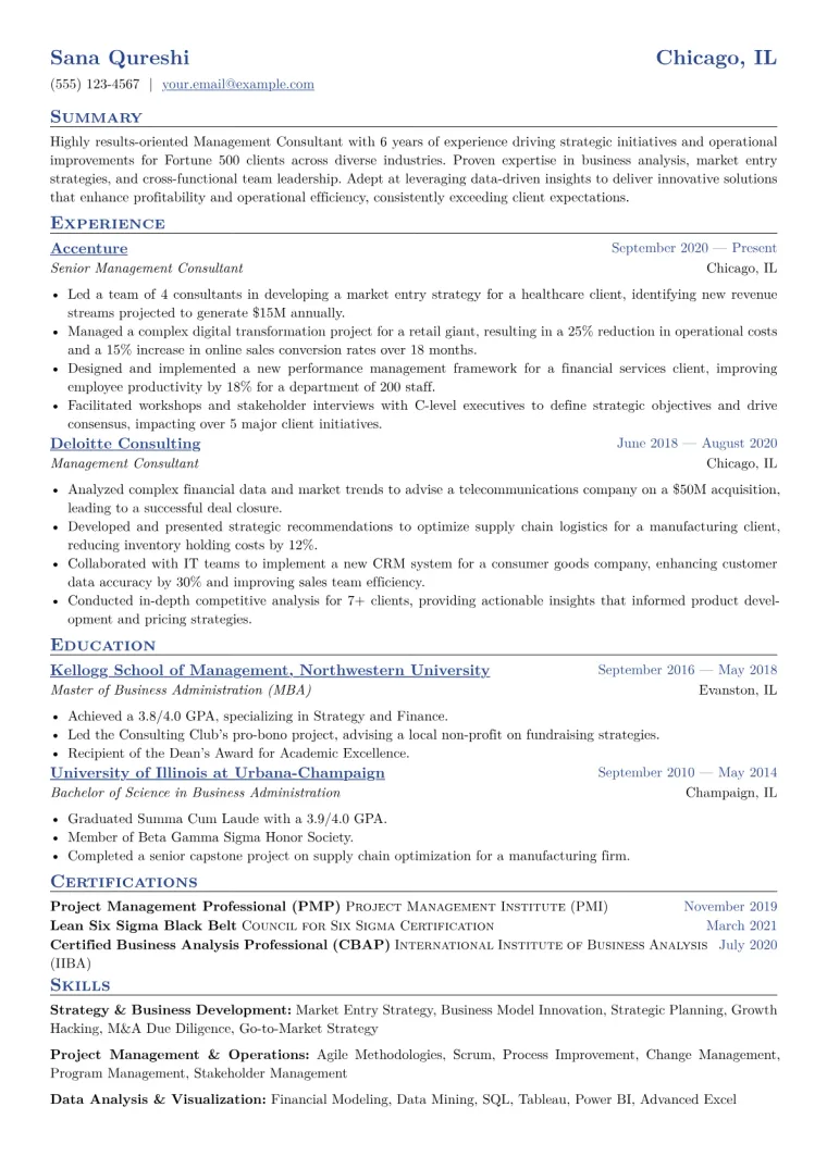 Management Consultant Resume Example CV template preview