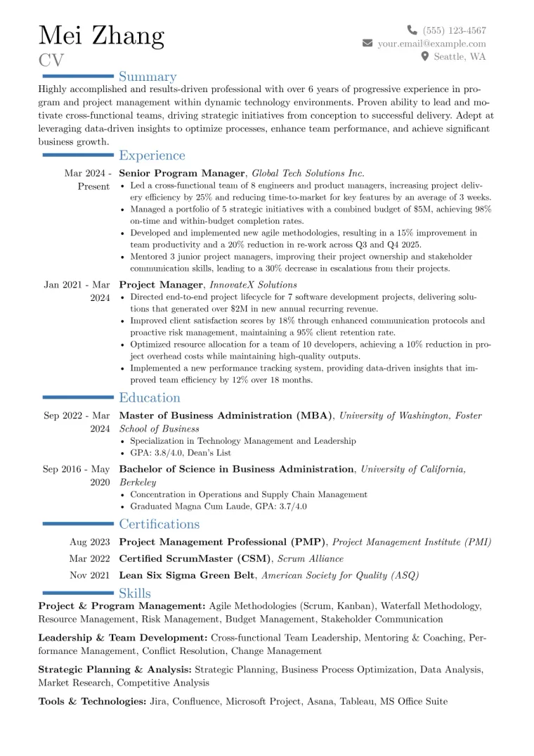 Manager Position Resume Example CV template preview