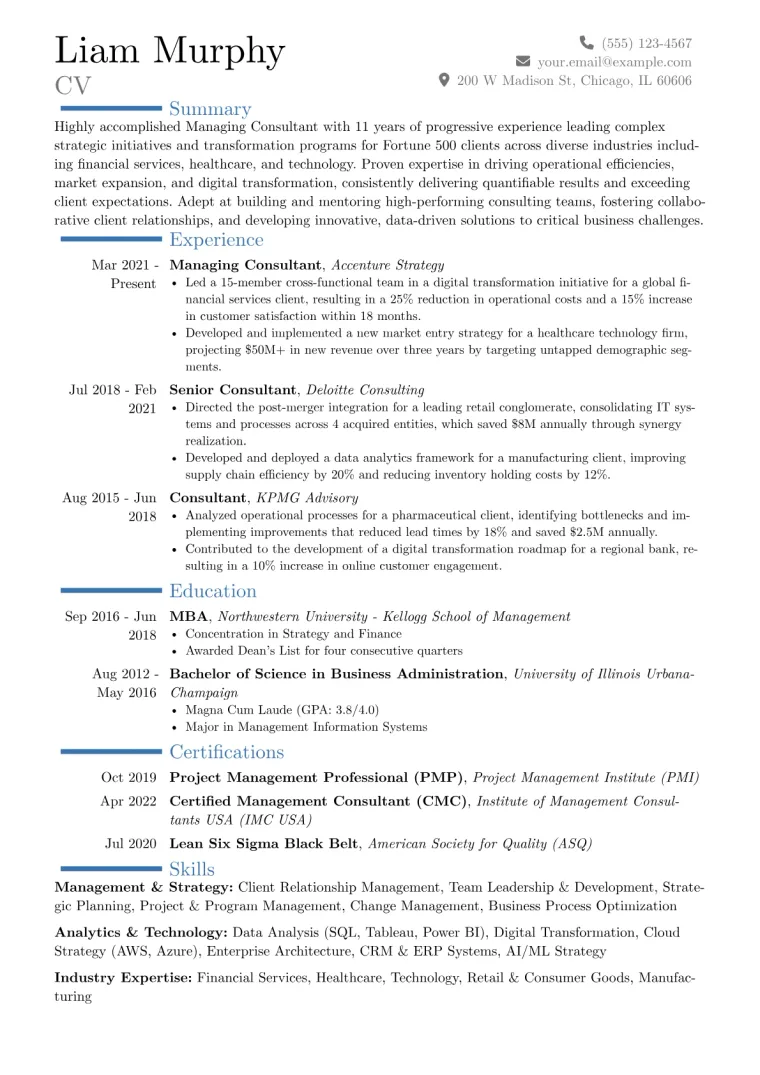Managing Consultant Resume Example CV template preview