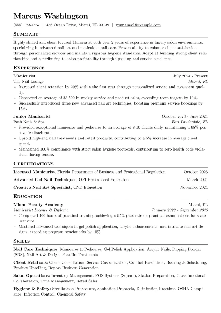 Manicurist Resume Example CV template preview