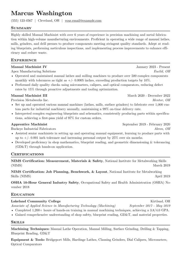Manual Machinist Resume Example preview