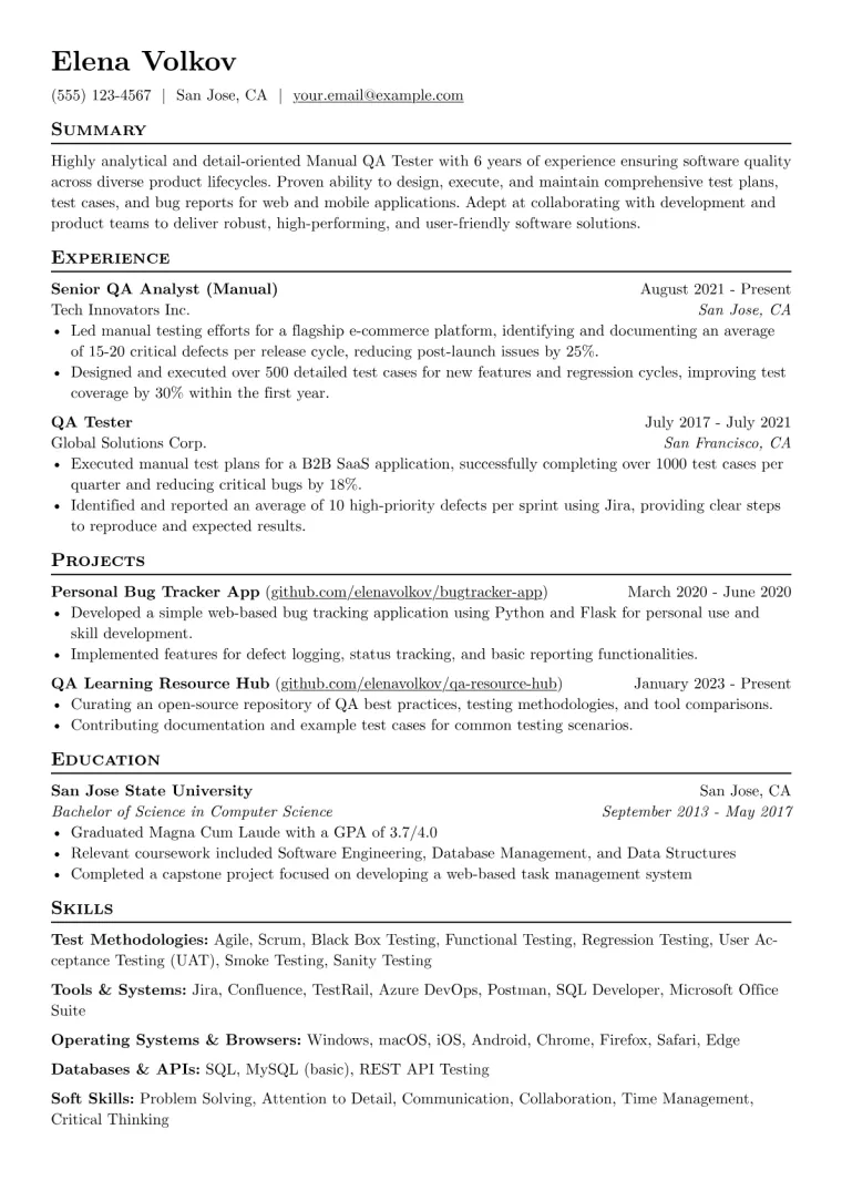 Manual Testing Resume Example CV template preview