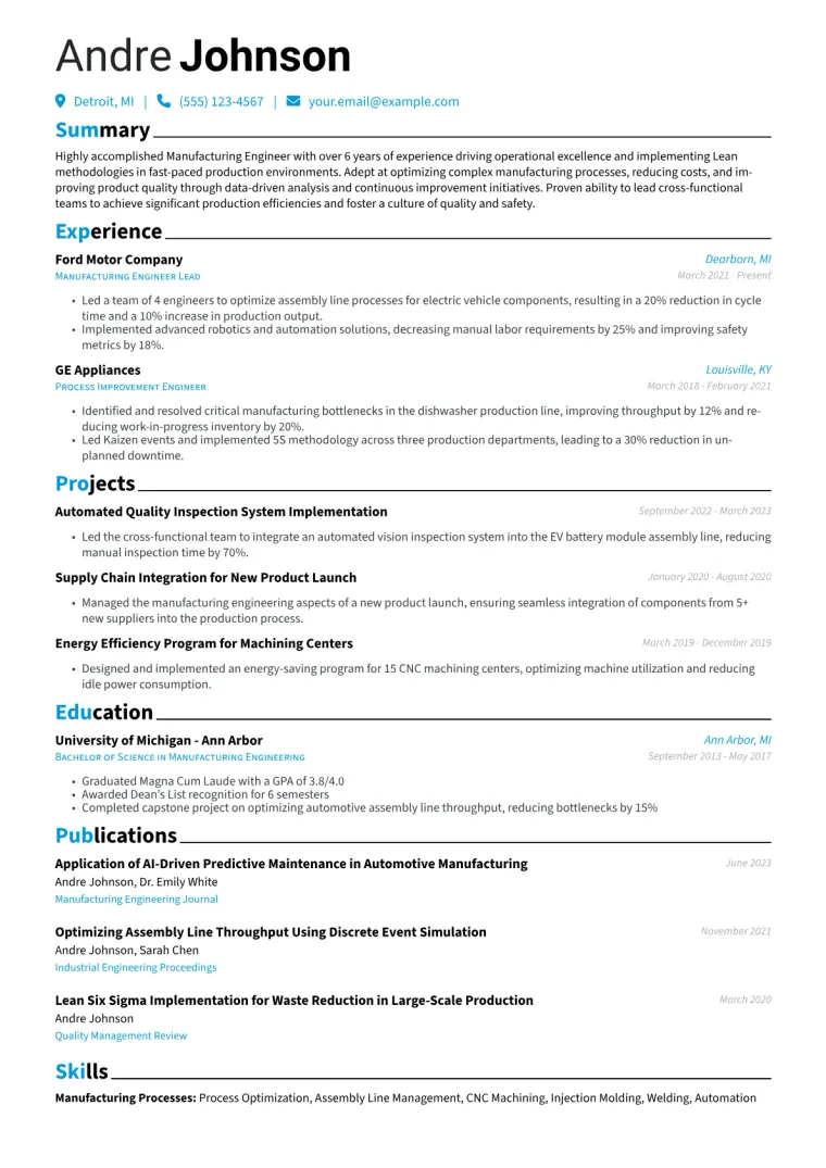 Manufacturing Engineer Resume Example CV template preview