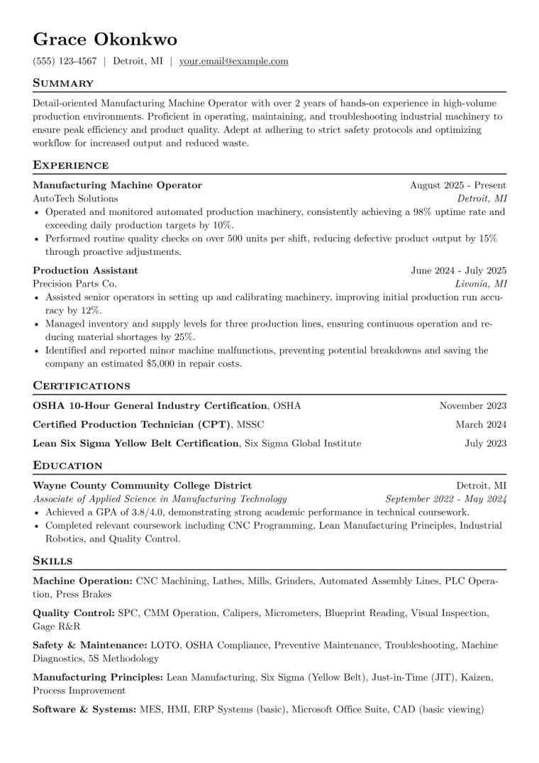 Manufacturing Machine Operator Resume Example preview