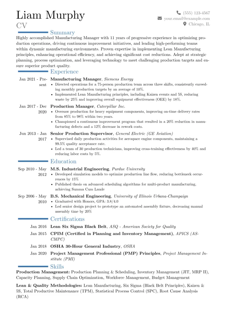 Manufacturing Manager Resume Example CV template preview