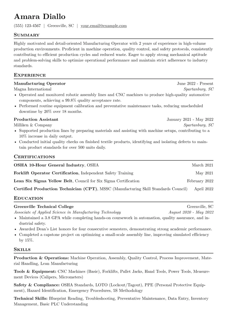 Manufacturing Operator Resume Example CV template preview