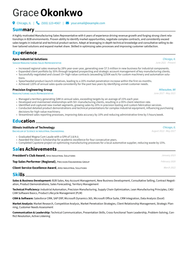 Manufacturing Sales Representative Resume Example CV template preview