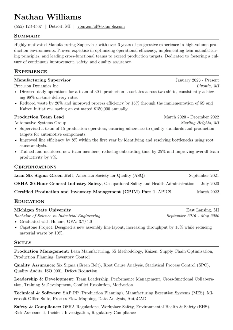 Manufacturing Supervisor Resume Example CV template preview