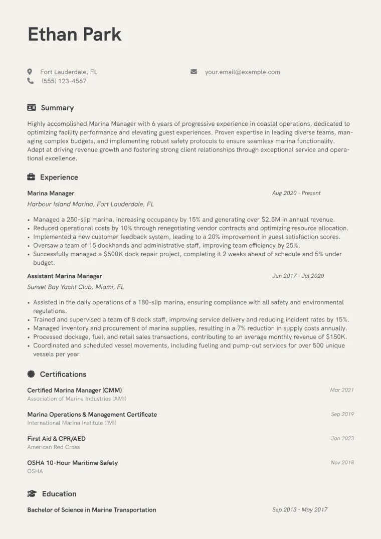 Marina Manager Resume Example CV template preview