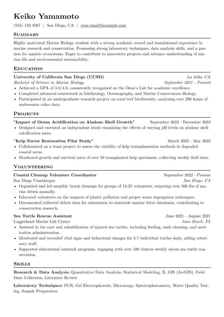 Marine Biology Student Resume Example CV template preview