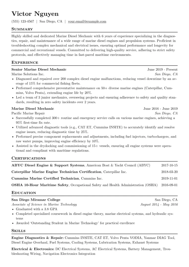 Marine Diesel Mechanic Resume Example CV template preview