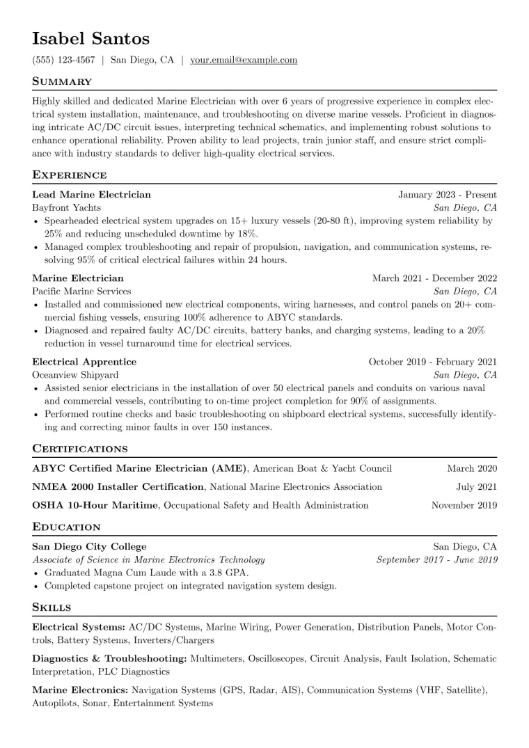 Marine Electrician Resume Example CV template preview
