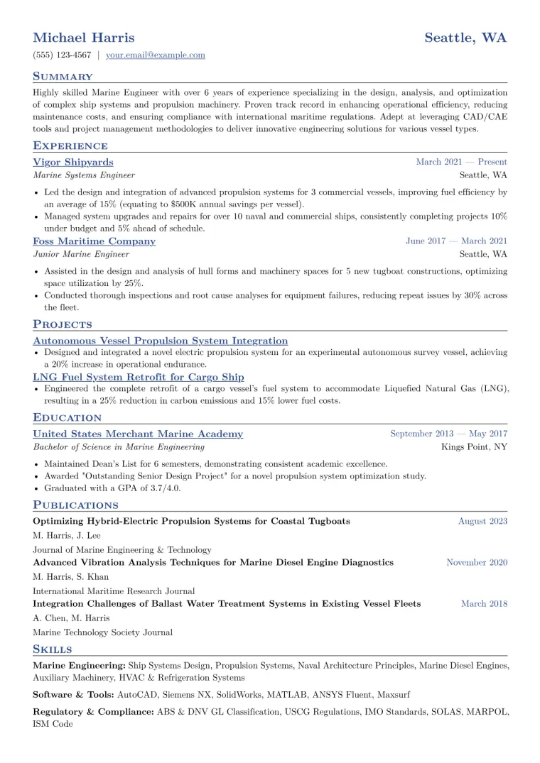 Marine Engineer Resume Example CV template preview