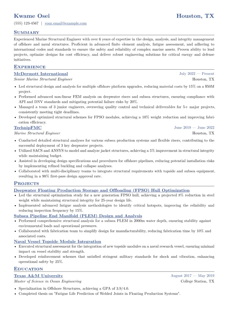 Marine Structural Engineer Resume Example CV template preview