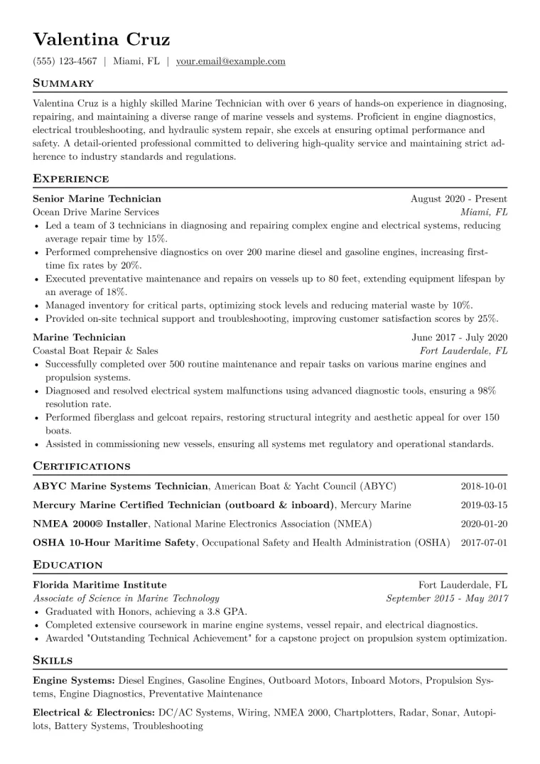 Marine Technician Resume Example CV template preview
