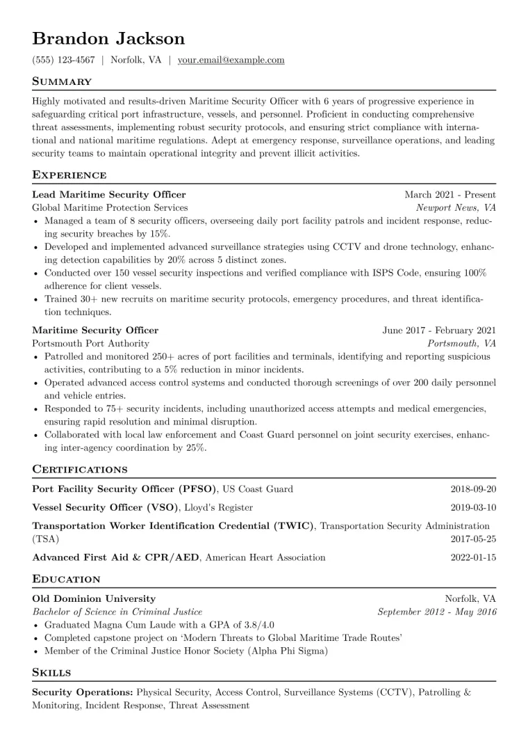 Maritime Security Officer Resume Example CV template preview