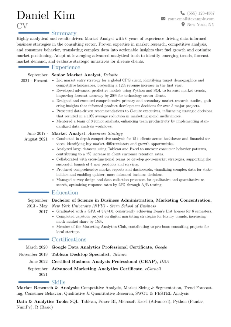 Market Analyst Resume Example CV template preview