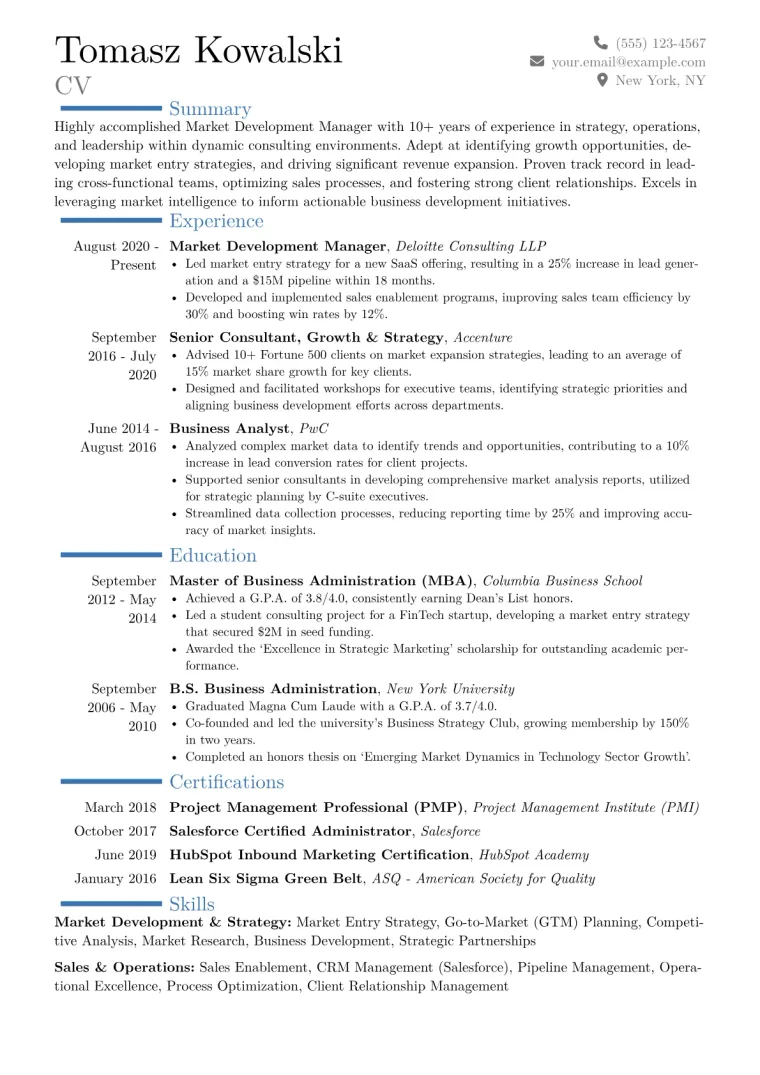 Market Development Manager Resume Example CV template preview