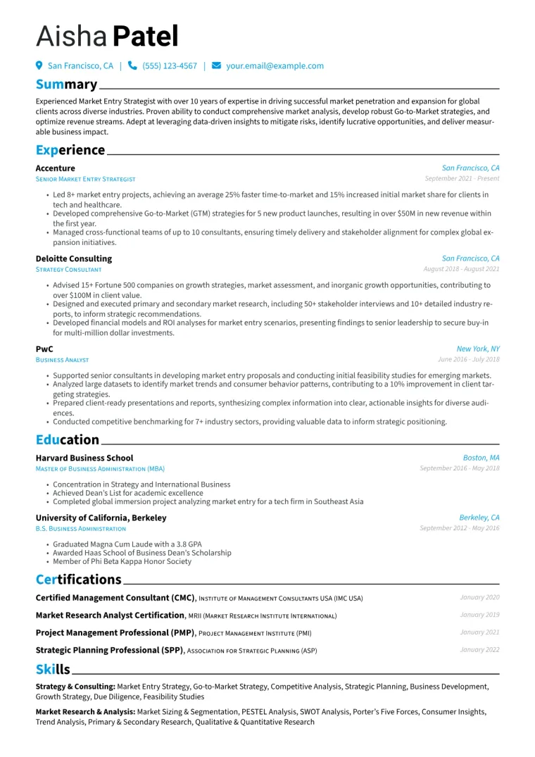 Market Entry Strategist Resume Example CV template preview