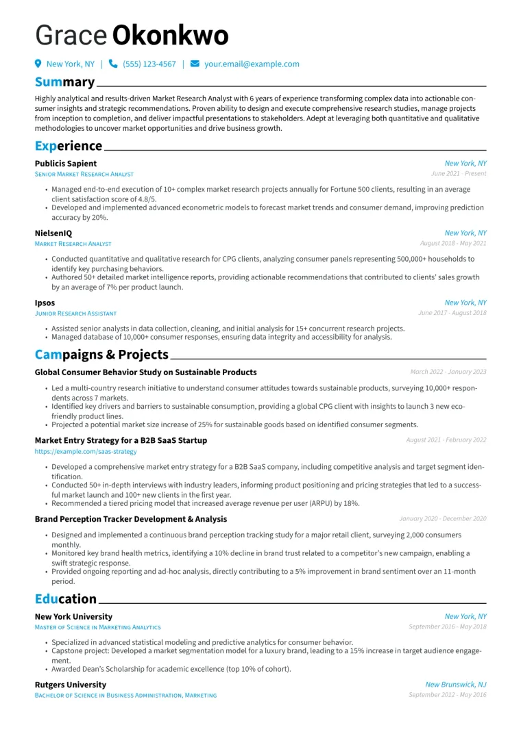 Market Research Analyst Resume Example CV template preview