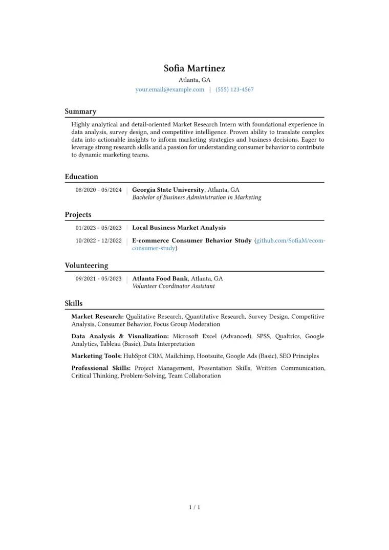 Market Research Intern Resume Example CV template preview