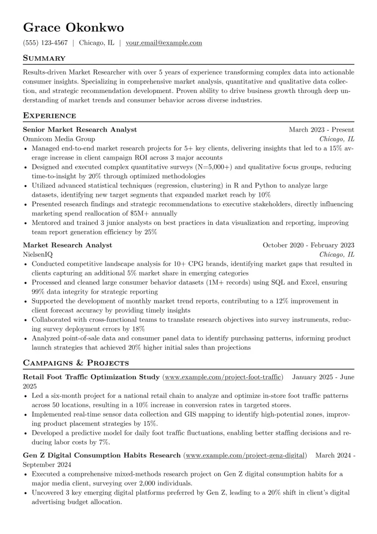 Market Researcher Resume Example CV template preview