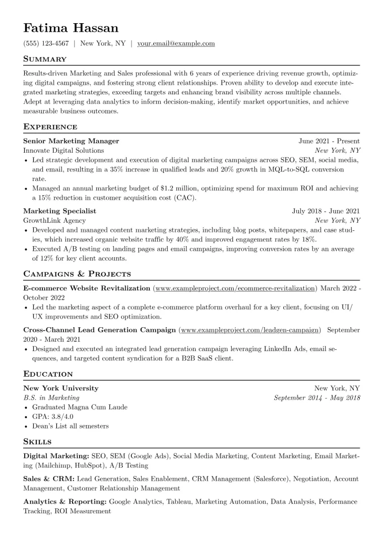Marketing and Sales Resume Example CV template preview