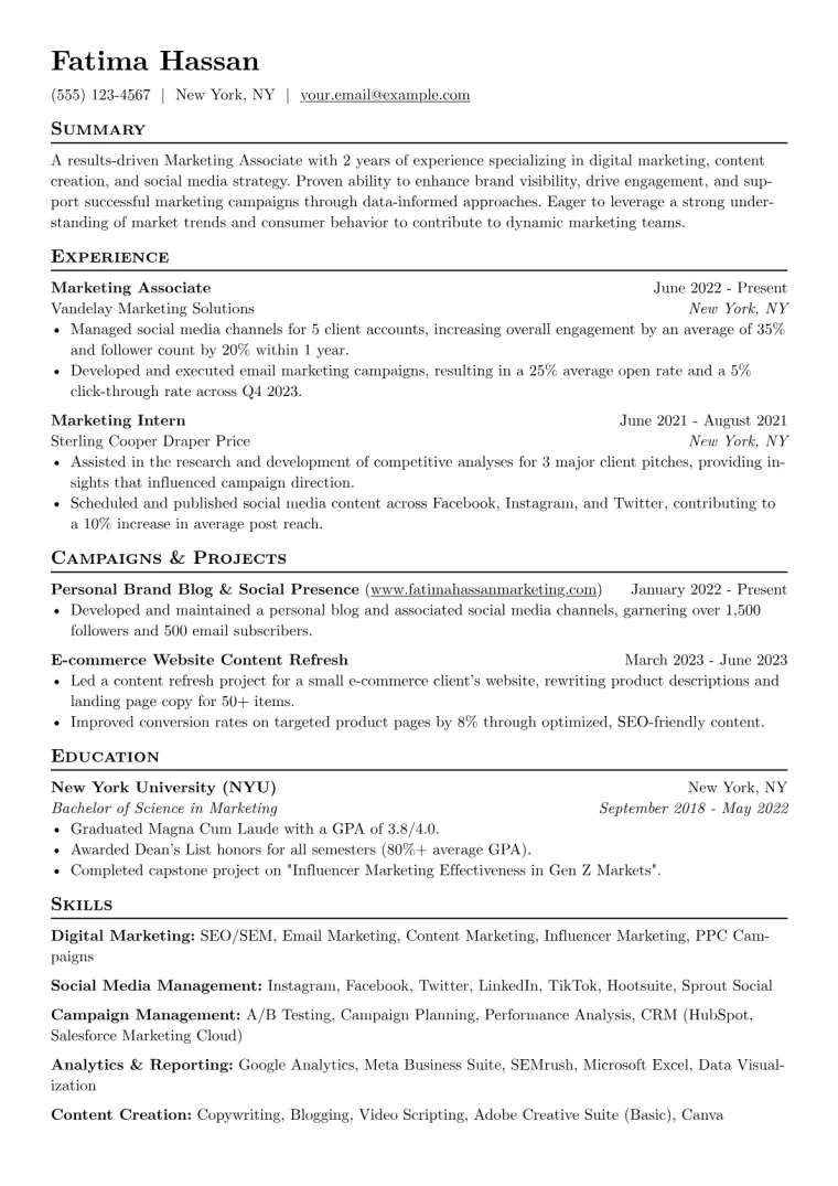 Marketing Associate Resume Example CV template preview