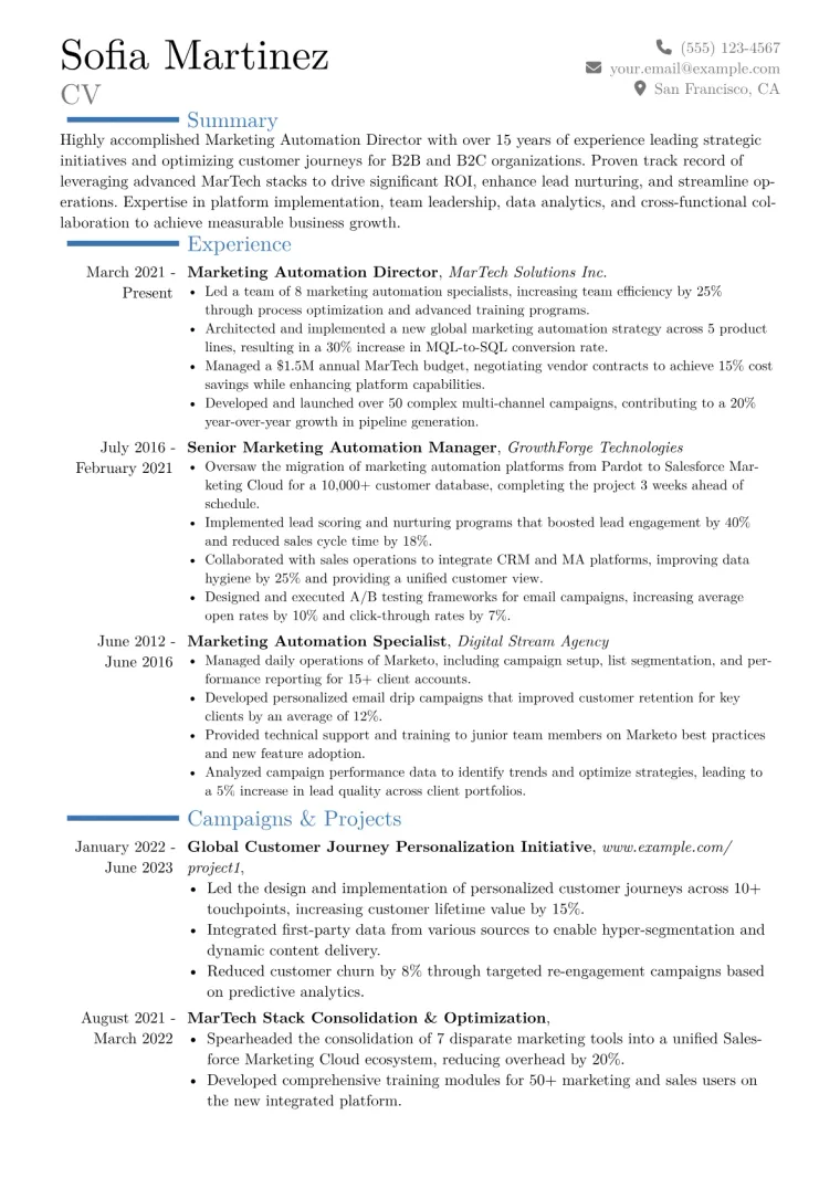 Marketing Automation Director Resume Example CV template preview