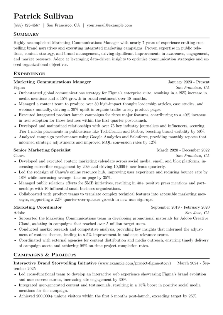 Marketing Communications Manager Resume Example CV template preview