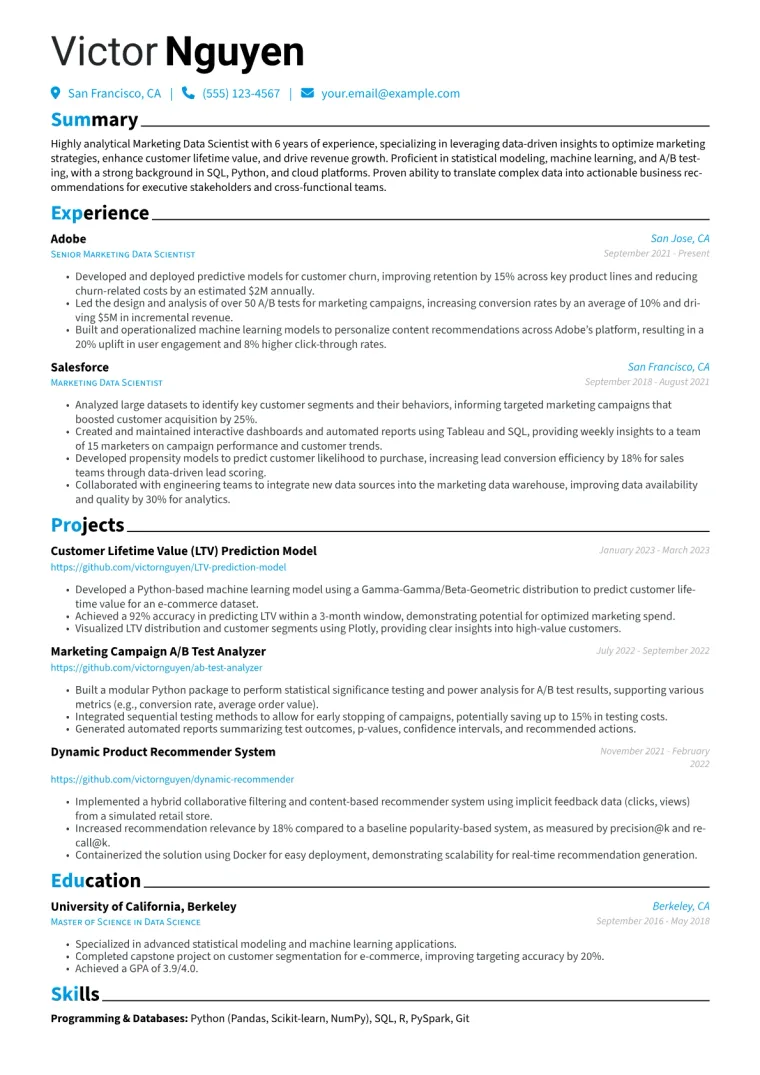 Marketing Data Scientist Resume Example CV template preview