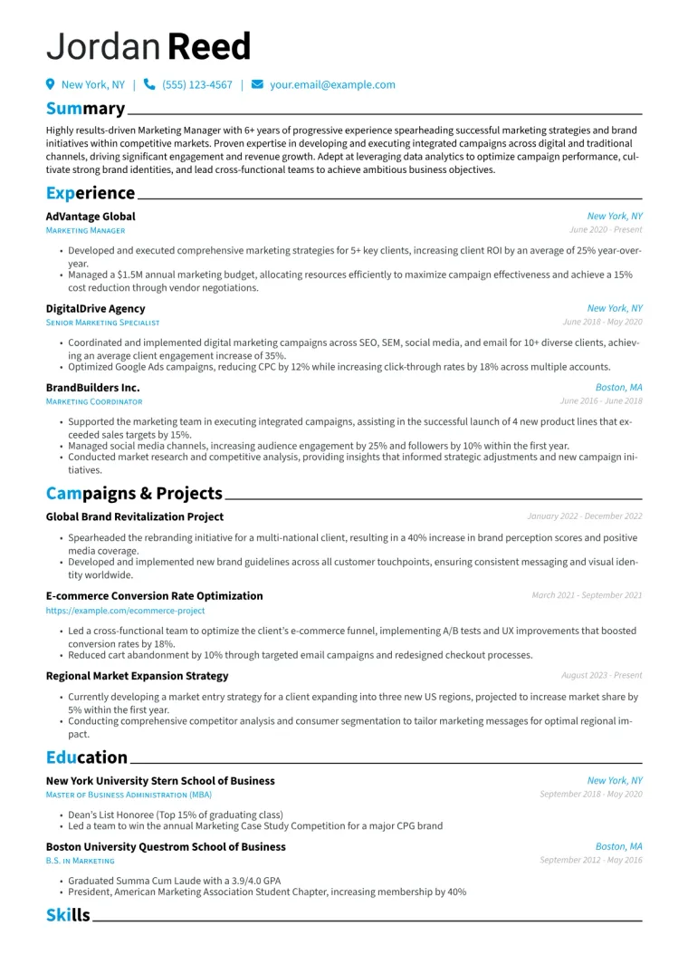 Marketing Manager Resume Example CV template preview