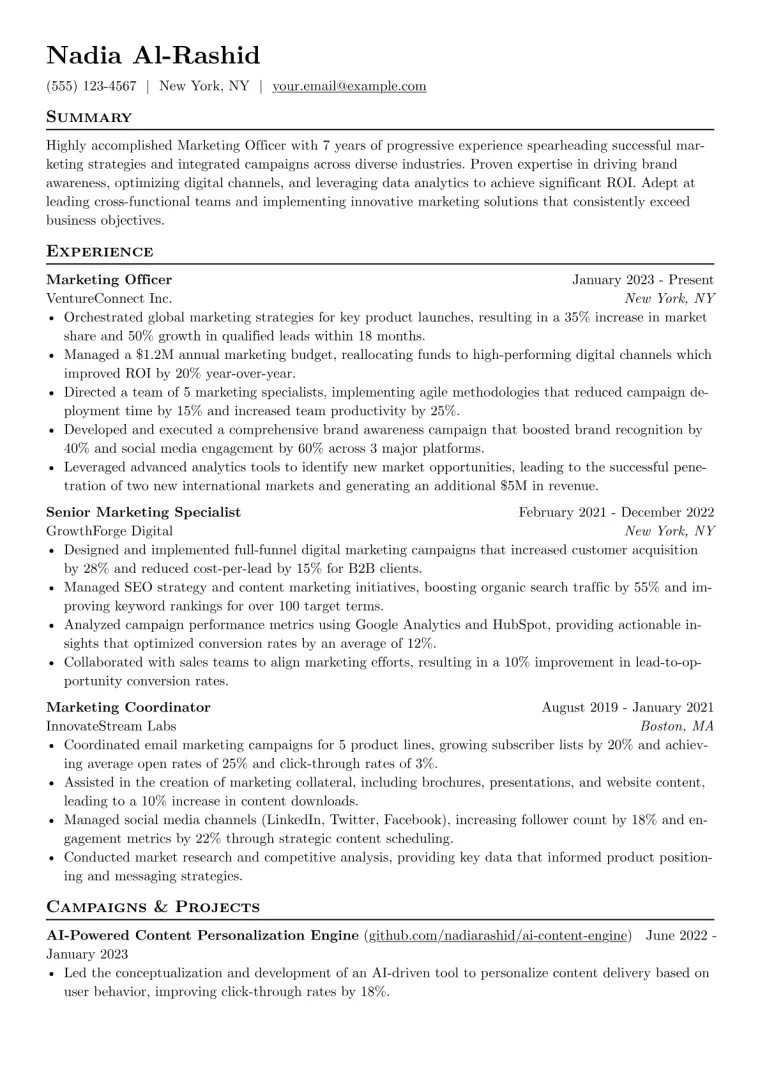 Marketing Officer Resume Example CV template preview