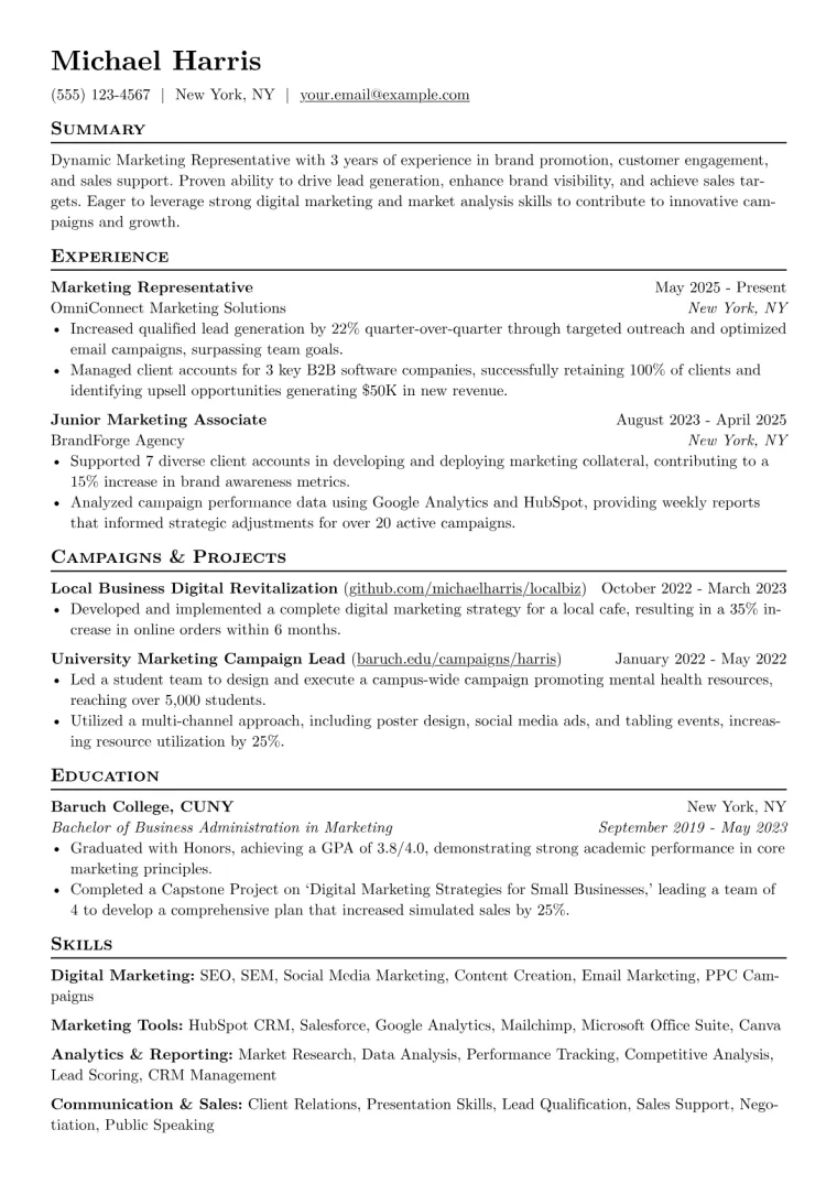 Marketing Representative Resume Example CV template preview