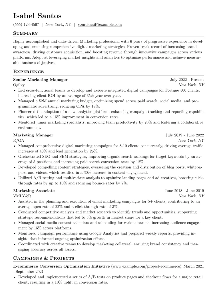 Marketing Resume Example CV template preview