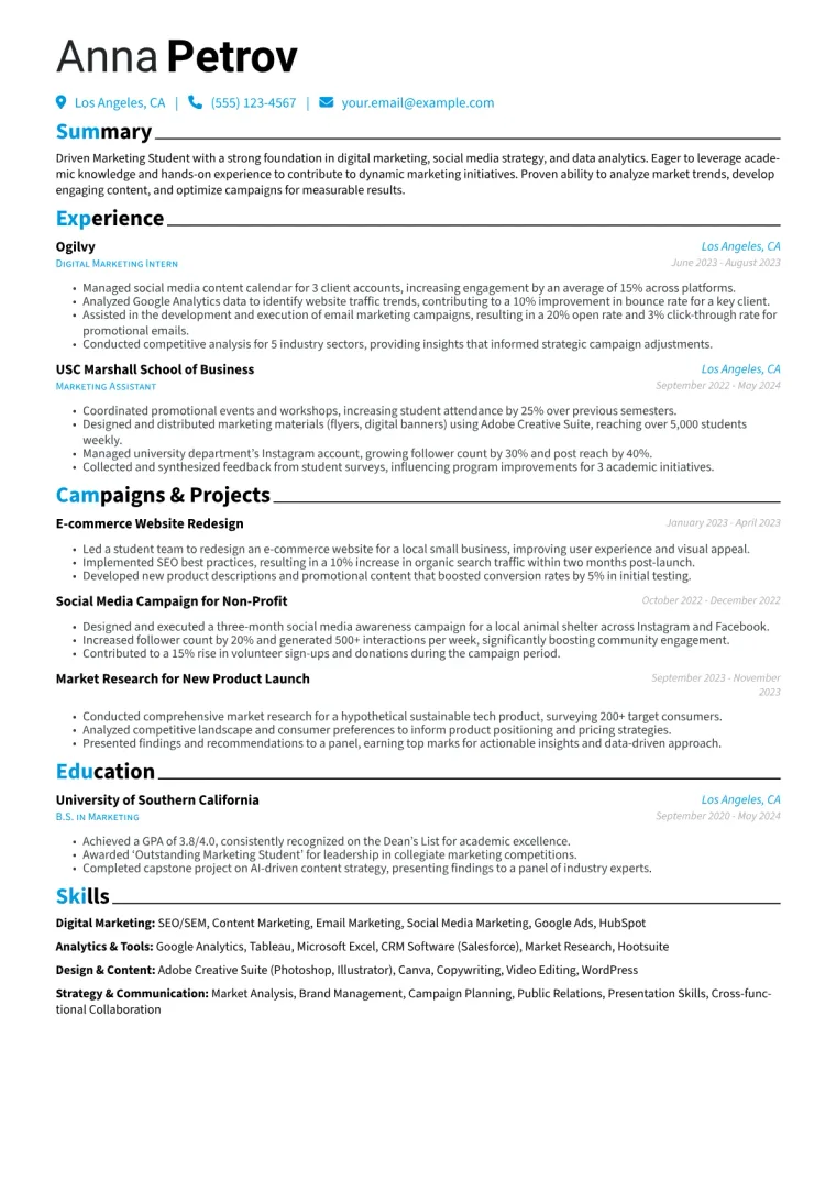 Marketing Student Resume Example CV template preview
