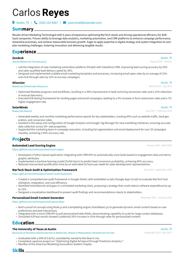 Marketing Technologist Resume Example CV template preview