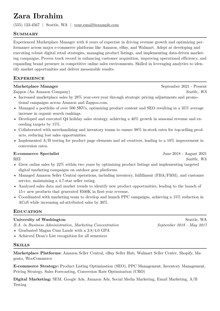 Marketplace Manager Resume Example CV template preview