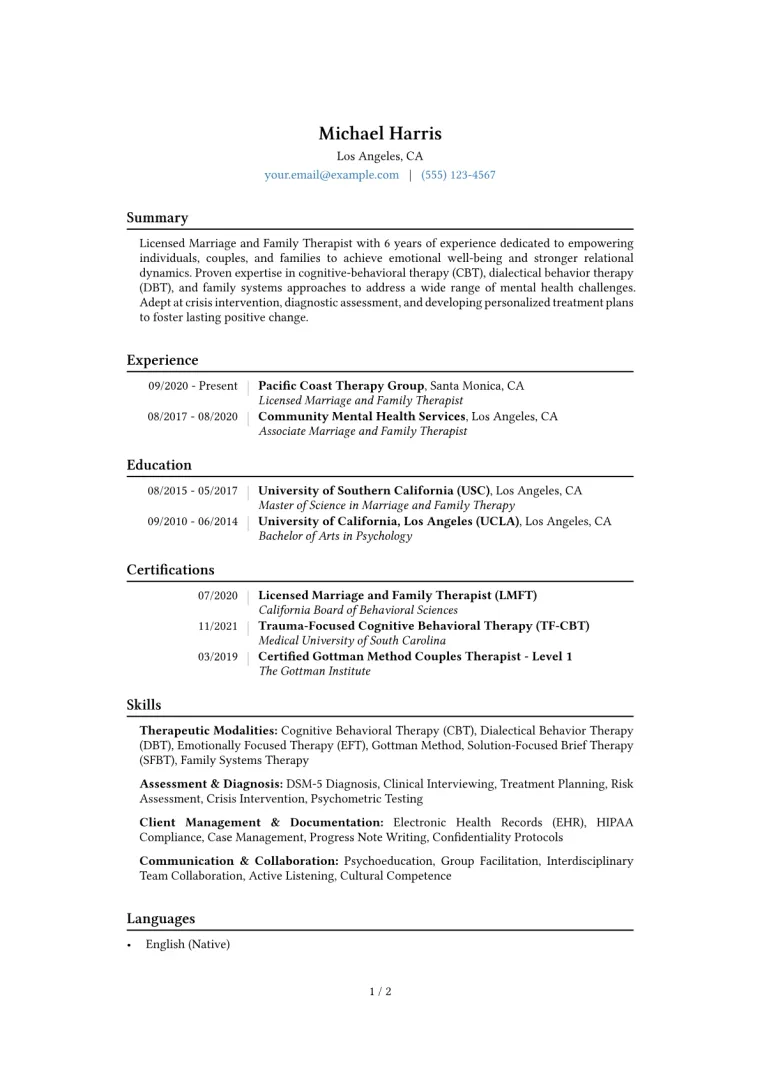 Marriage and Family Therapist Resume Example CV template preview