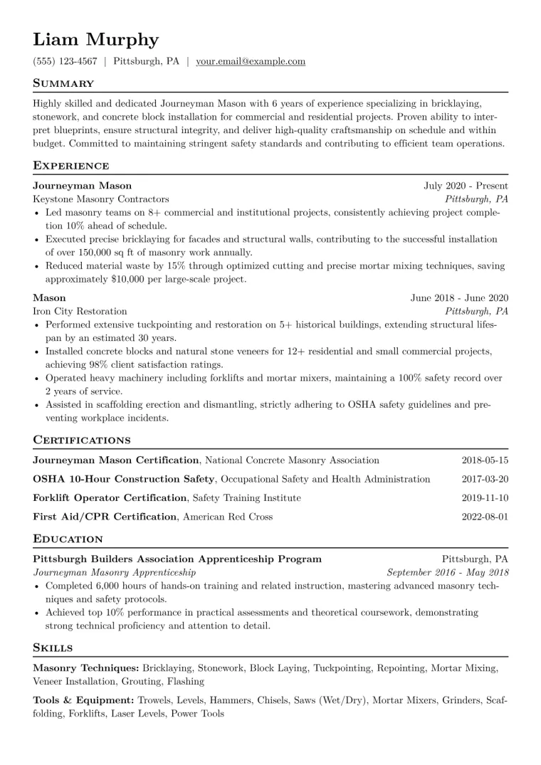Mason Resume Example CV template preview