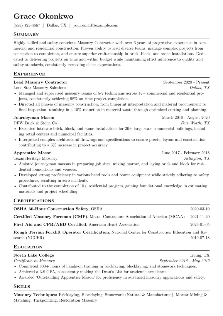 Masonry Contractor Resume Example CV template preview