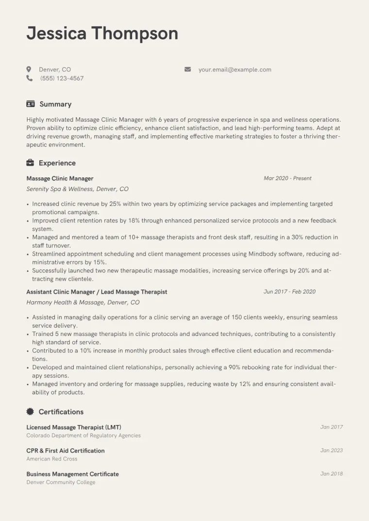 Massage Clinic Manager Resume Example CV template preview