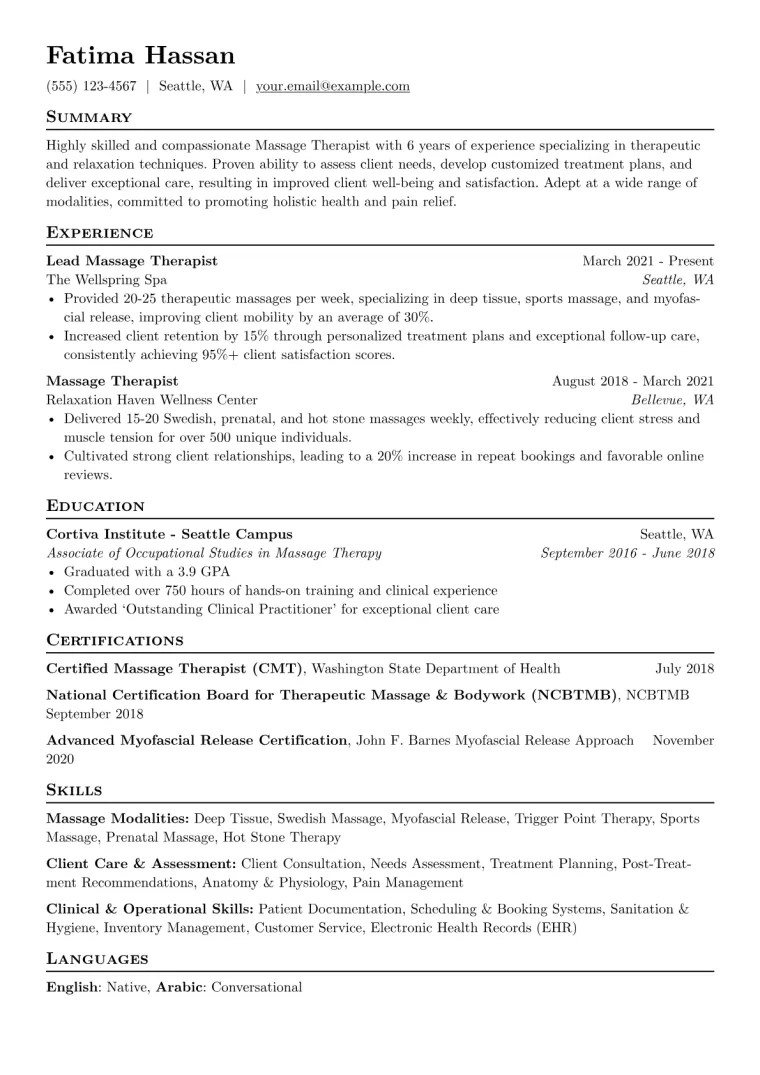 Massage Therapy Resume Example CV template preview