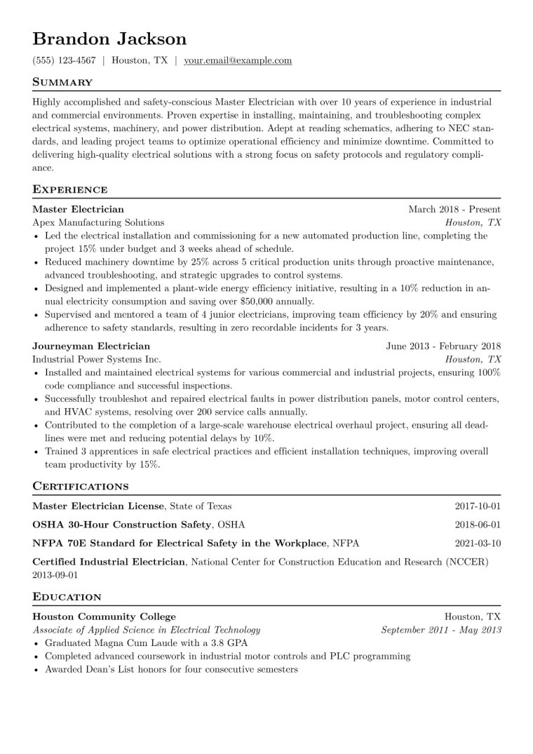 Master Electrician Resume Example CV template preview