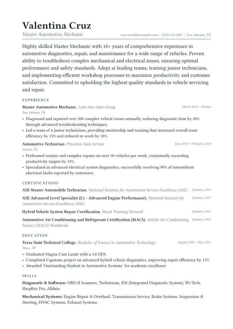 Master Mechanic Resume Example CV template preview