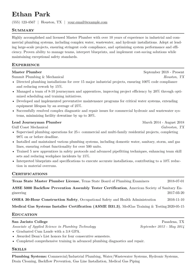 Master Plumber Resume Example CV template preview
