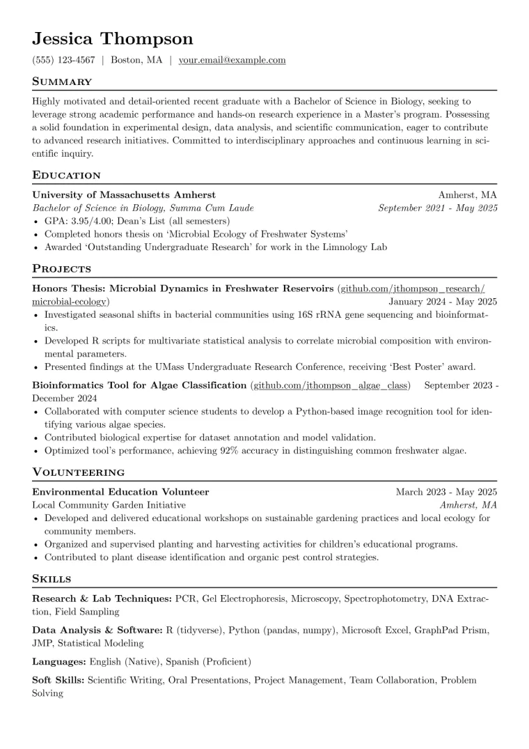 Masters Application Resume Example CV template preview